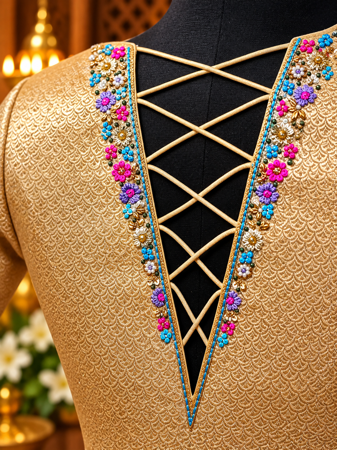 embellished golden laced v neckline embellished golden laced v neckline