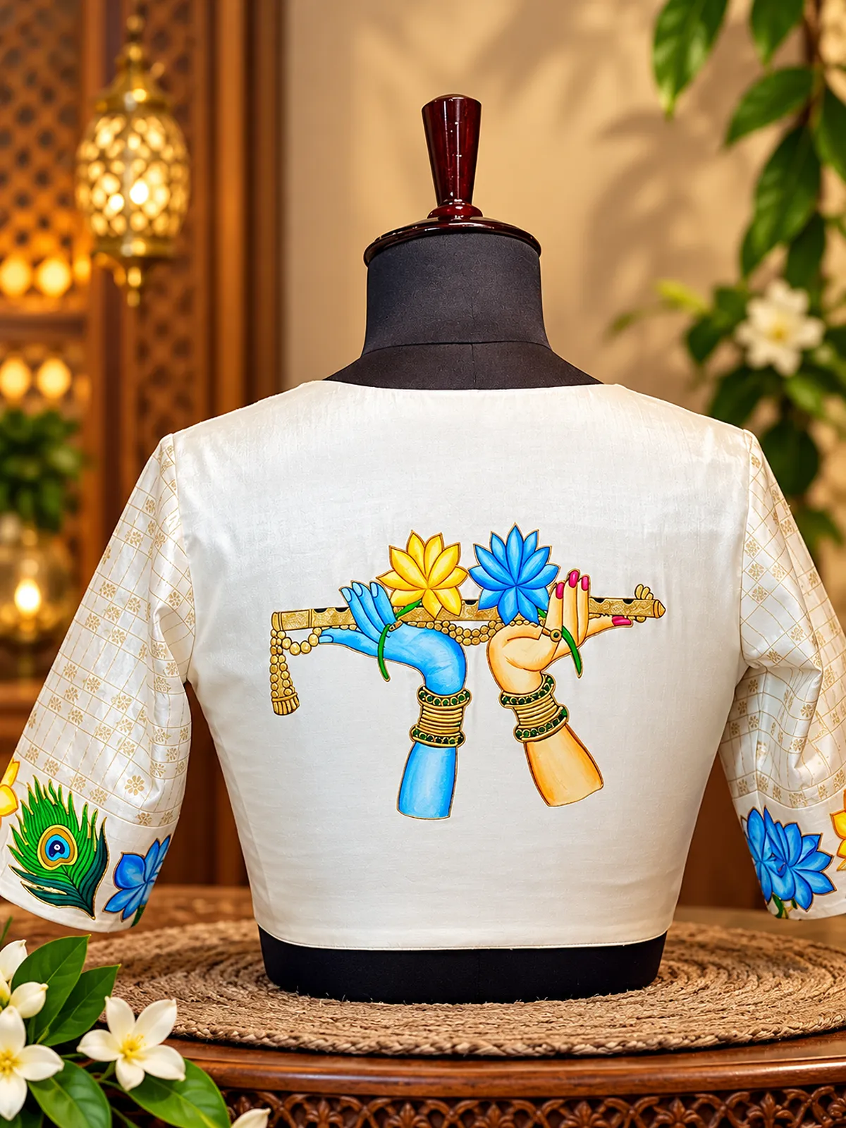 embroidered flute motif blouse in warm studio light embroidered flute motif blouse in warm studio light