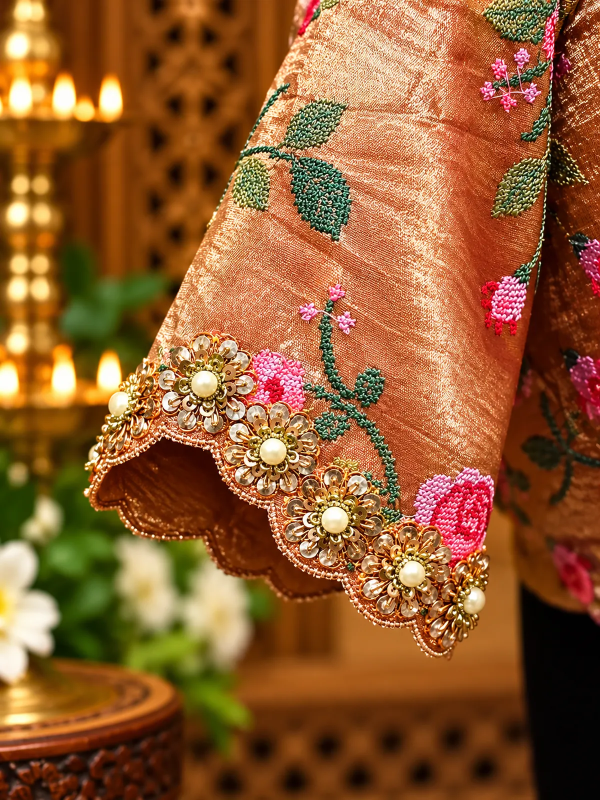 embroidered golden floral sleeve embroidered golden floral sleeve