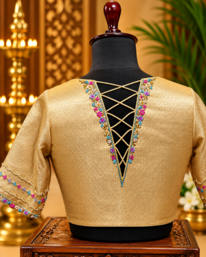 embroidered golden v back blouse display