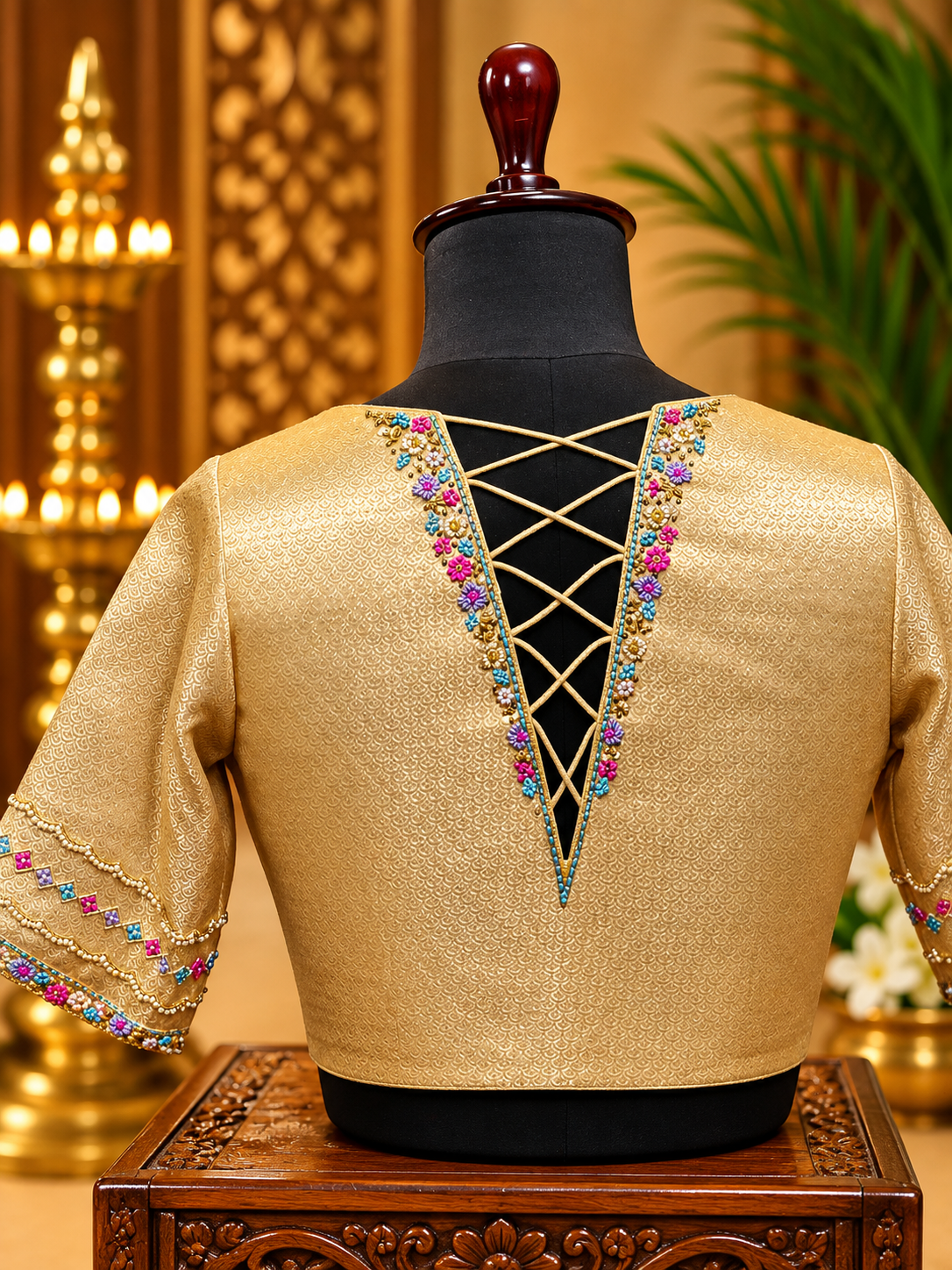 embroidered golden v back blouse display embroidered golden v back blouse display