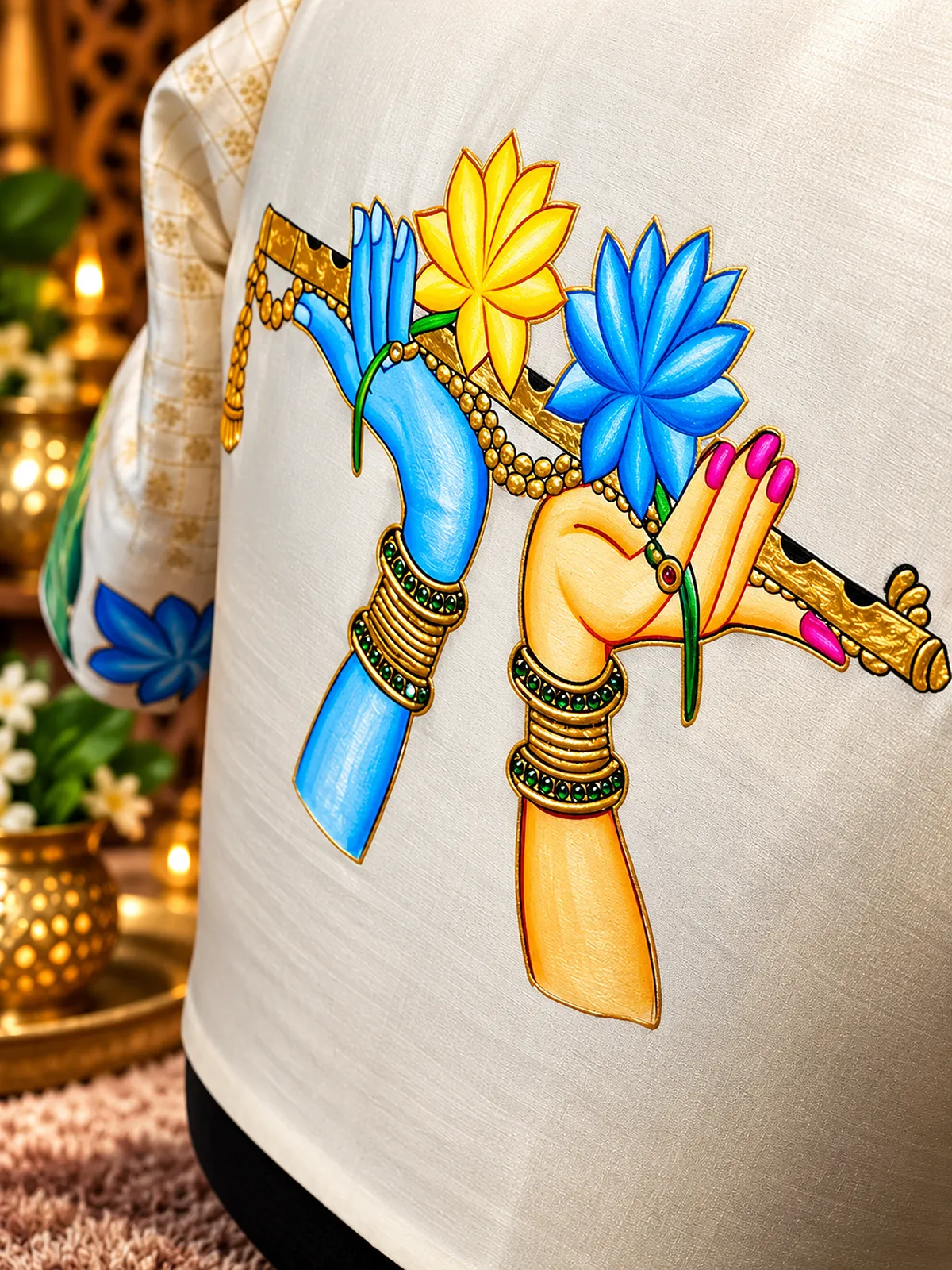 embroidered krishna flute motif on silk embroidered krishna flute motif on silk