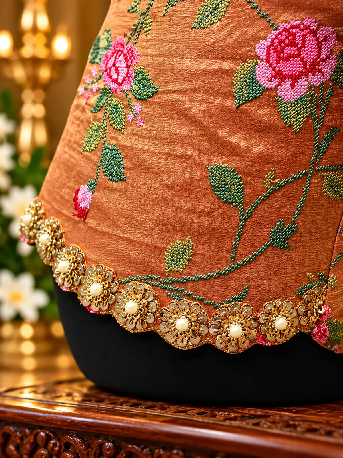 embroidered silk hem with golden pearls embroidered silk hem with golden pearls