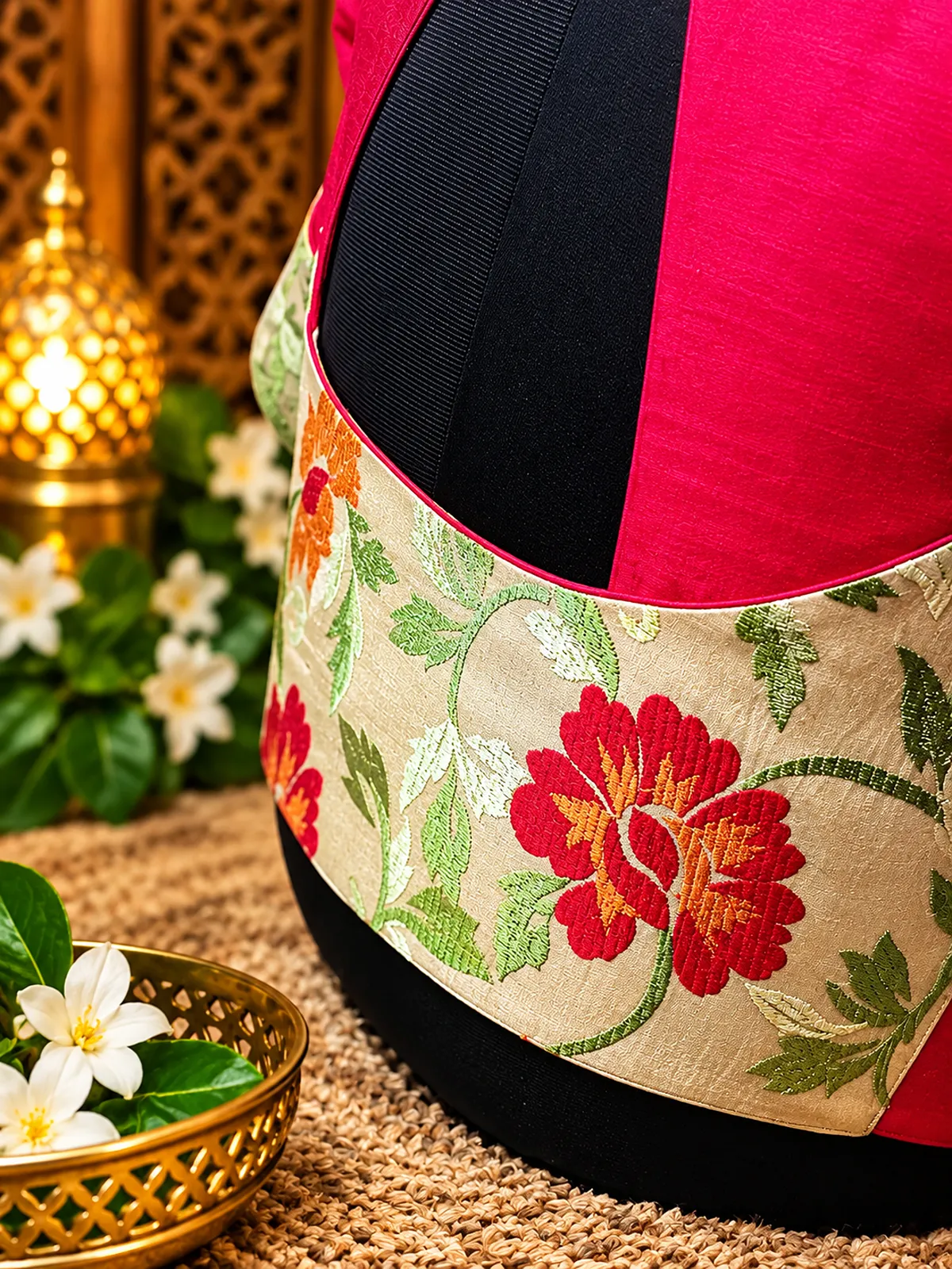 fuchsia silk and floral brocade detail fuchsia silk and floral brocade detail