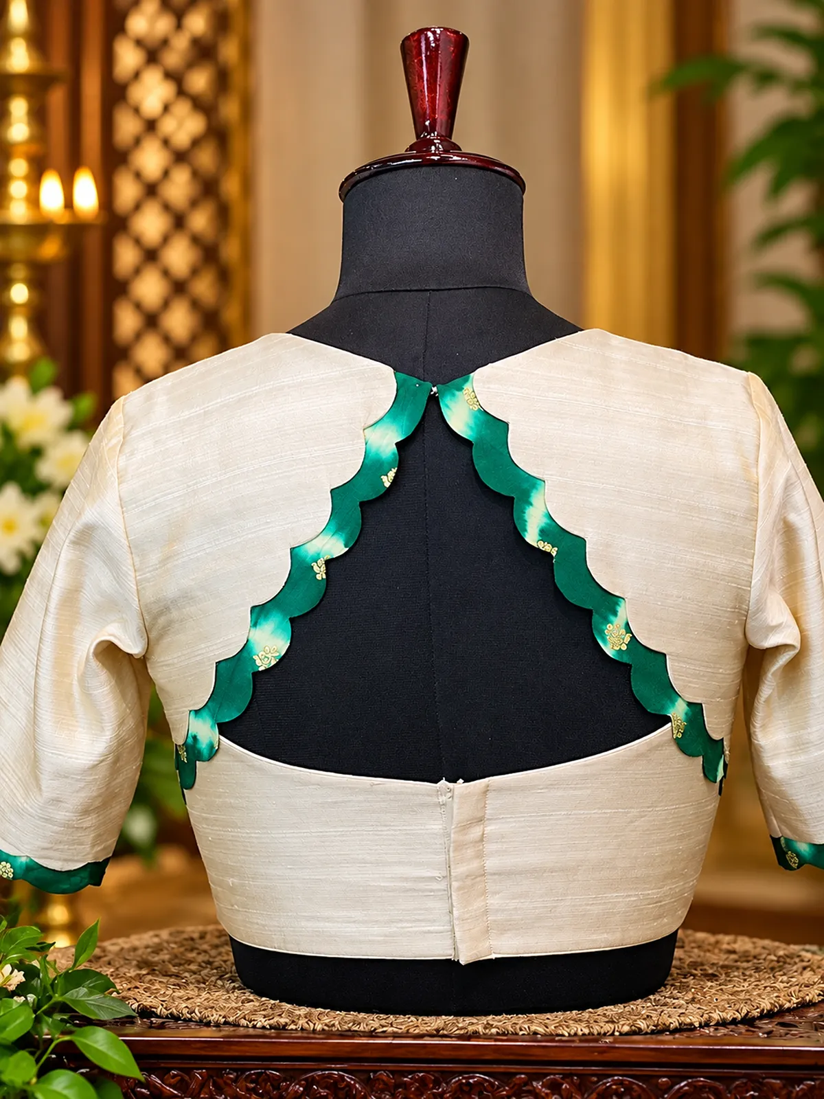 ivory blouse with emerald scalloped back ivory blouse with emerald scalloped back