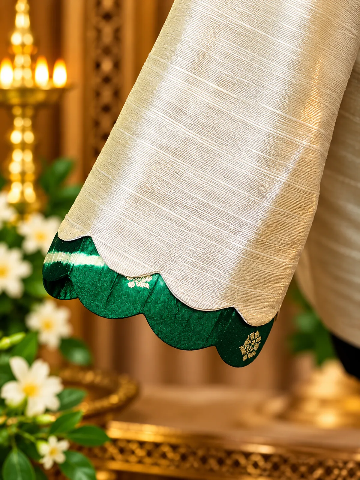 ivory and emerald scalloped silk sleeve ivory and emerald scalloped silk sleeve