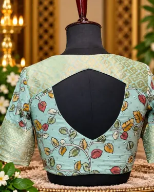 mint brocade open back blouse display