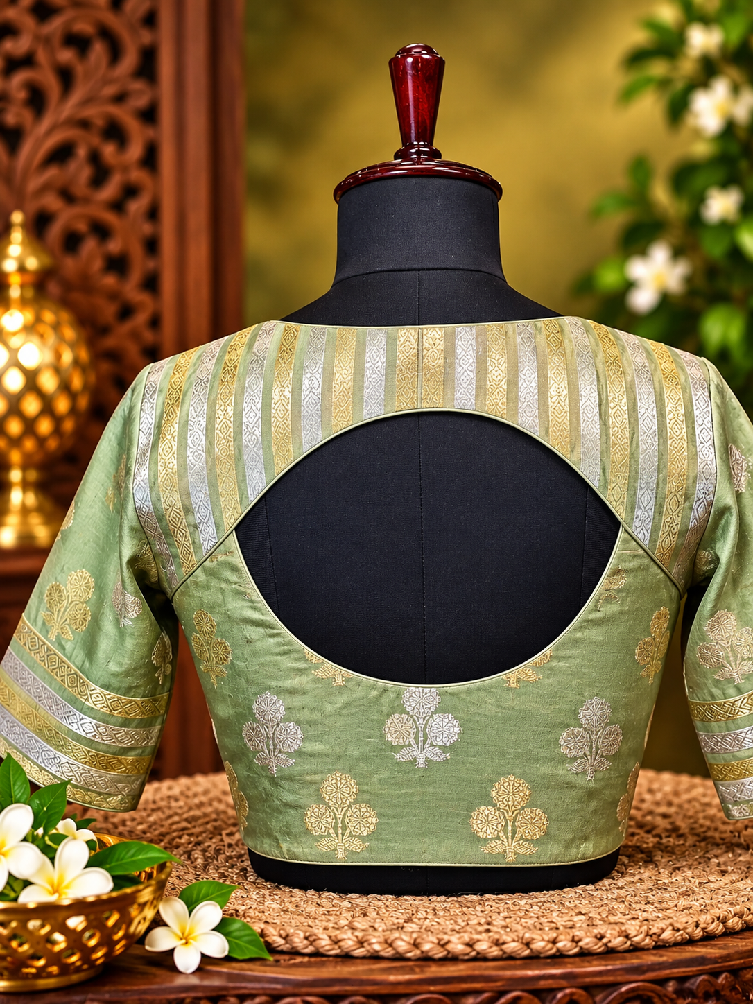 opulent green brocade open back blouse opulent green brocade open back blouse