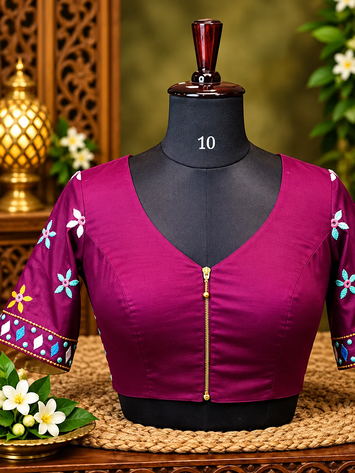 plum embroidered blouse on mannequin plum embroidered blouse on mannequin