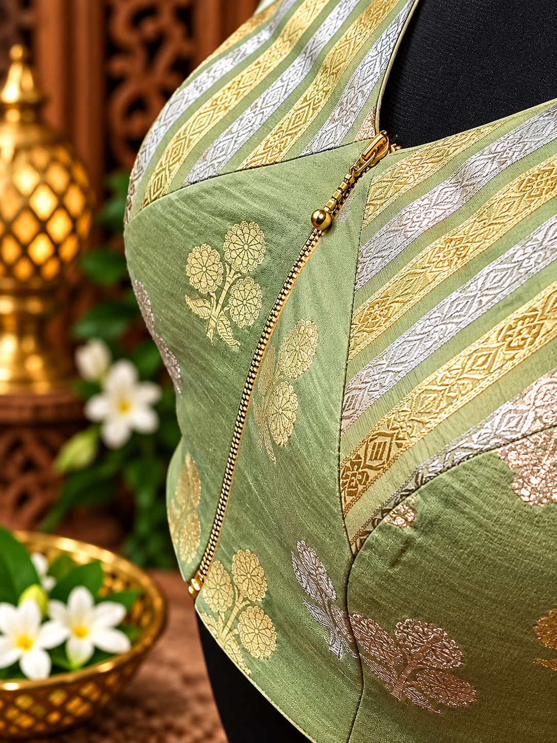 sage brocade bust with golden details sage brocade bust with golden details